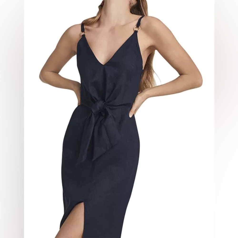 NWOT REISS KAY TIE DETAIL NAVY LINEN MIDI DRESS SIZE 2